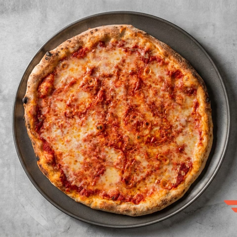 Cheese pizza with tomato sauce and a golden, charred crust on a black plate atop a gray surface.