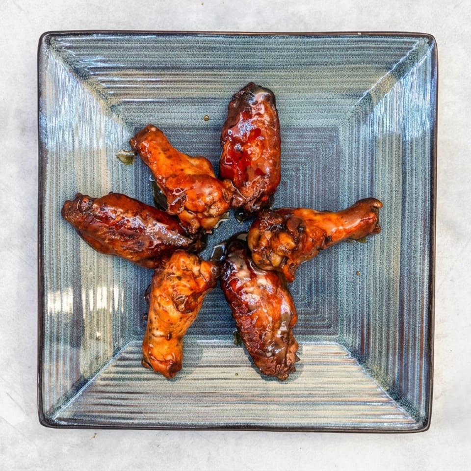 Five glazed chicken wings arranged on a square blue ceramic plate.